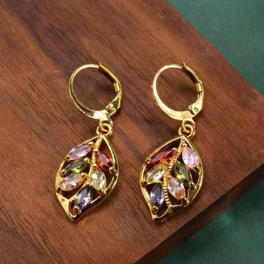 Vintage Gold Leaf Colorful Earrings